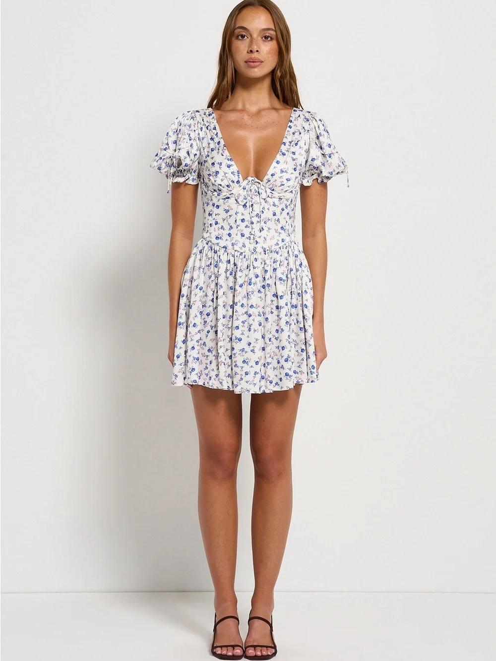 For Love & Lemons Paulina Corset White Mini Dress with Blue Floral Print - M - Picture 5 of 13